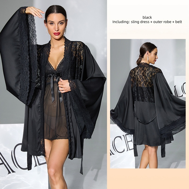 Womens Satin Lace Robe and Babydoll Nightgown Set - Sensual Chemise Sleepwear